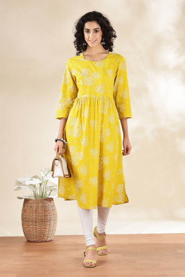 ANOUK Women Printed A-line Kurta(Yellow)