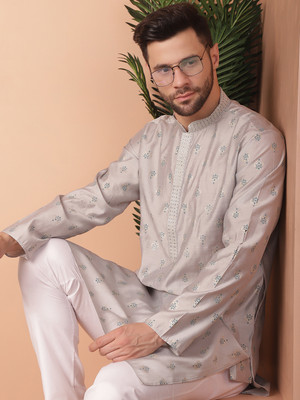 ANOUK Men Printed Straight Kurta(Grey)
