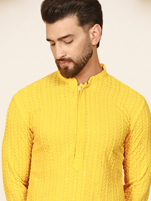 ANOUK Men Embroidered Straight Kurta(Yellow)