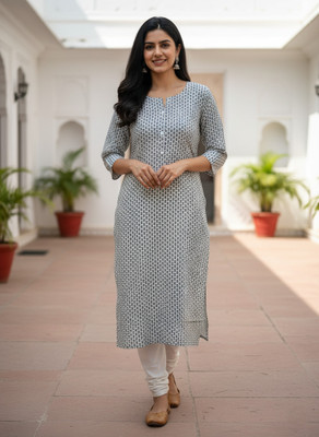 Kurtiking Women Floral Print Straight Kurta(White)