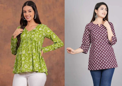 ARZOO Women Floral Print Flared Kurta(Green, Maroon)