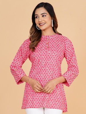 Blocks Of India Women Floral Print Cape Top Kurta(Pink, White)