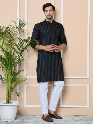 See Designs Men Striped, Solid Straight Kurta(Black)