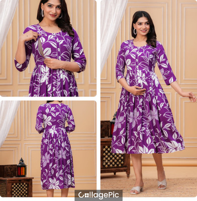 BAKNAD Women Floral Print Anarkali Kurta(Light Blue)