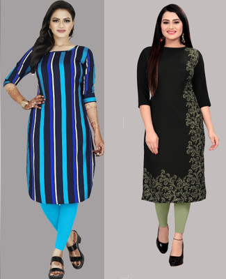 maruti fab Women Printed, Striped Straight Kurta(Light Blue, Black)