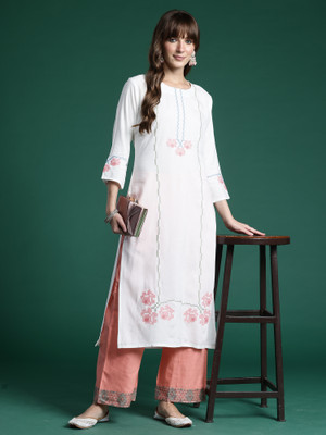 Indo Era Women Embroidered Straight Kurta(White)