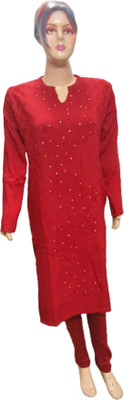 FTE Women Solid, Self Design Straight Kurta(Red)