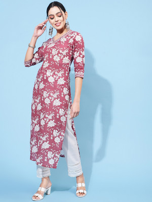 Sa Rasa Women Floral Print Straight Kurta(Pink)