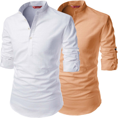 FireFish Men Solid A-line Kurta(Beige, White)