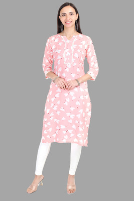 Olsic Women Floral Print Straight Kurta(Pink, White)