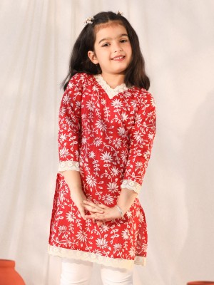 VASTRAMAY Girls Floral Print Straight Kurta(Red, White)