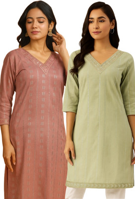 Badry Fashion Women Self Design A-line Kurta(Pink, Light Green)
