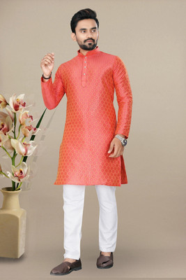 VALAKI Men Woven Design Straight Kurta(Orange)