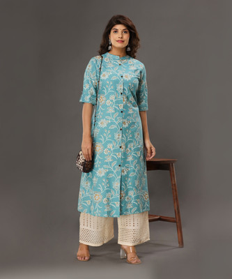 LOOMS21 Women Floral Print A-line Kurta(Light Blue)