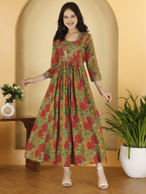 SIYAFABRICSES Women Gathered Red Maxi/Full Length Dress