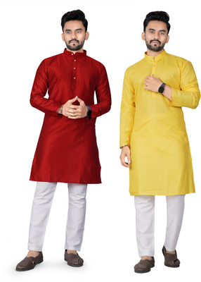 DHASU TRENDZ Men Solid Straight Kurta(Maroon, Yellow)