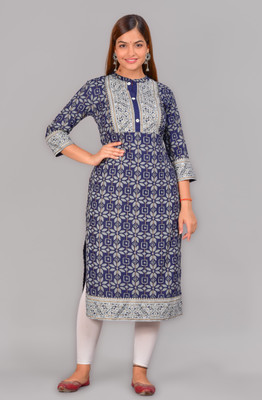 NEW4U Women Printed Straight Kurta(Blue)