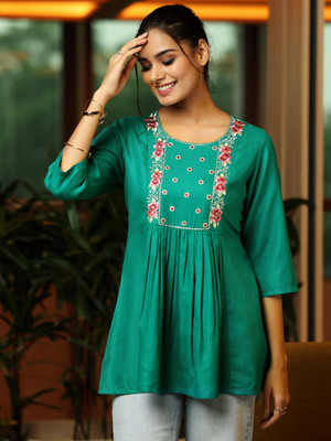 LIBAS Women Embroidered A-line Kurta(Green)