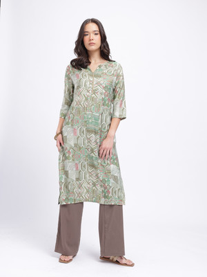 Anouk Rustic Women Floral Print Straight Kurta(Green)