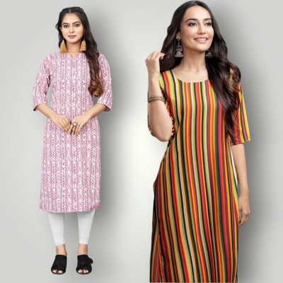 HouseOfCommon Women Printed, Striped Straight Kurta(Multicolor)