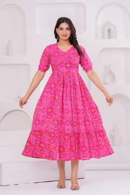 Laaj Women Printed Flared Kurta(Pink)