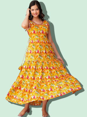 flexflow Women Printed Straight Kurta(Yellow)