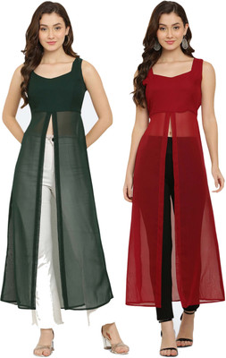 VESICLE Women Solid Frontslit Kurta(Green, Maroon)