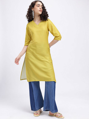 Anouk Rustic Women Solid Straight Kurta(Yellow)