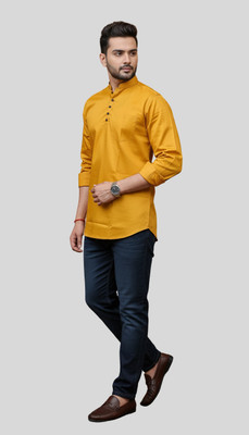 GOURI COLLECTIONS Men Solid Straight Kurta(Yellow)