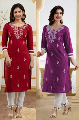 vikshi Women Embroidered Straight Kurta(Maroon, Purple)