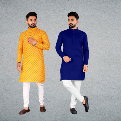FRELURO Men Solid Straight Kurta(Yellow, Blue)