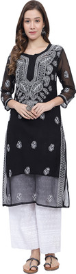 Mrs Right Women Embroidered A-line Kurta(Black)