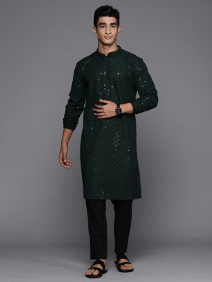 Indo Era Men Chikan Embroidery Straight Kurta(Green)