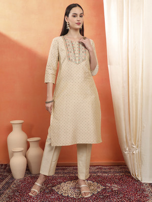 Span Women Self Design Straight Kurta(White)