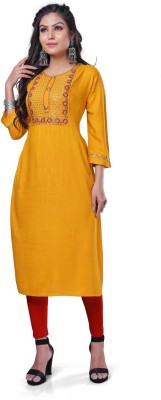 Maitri Fab Women Embroidered Straight Kurta(Yellow, Silver, Maroon)