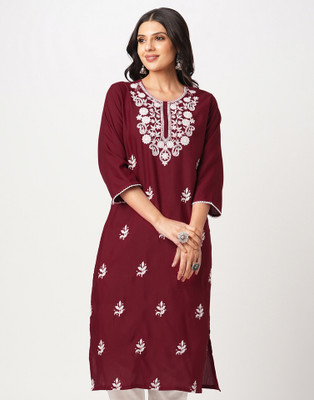Skylee Women Chikan Embroidery, Embellished, Dyed/Ombre, Self Design Straight Kurta(Maroon)