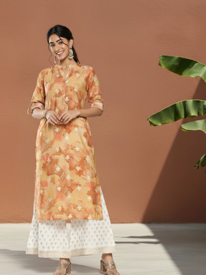 LIBAS Women Printed Straight Kurta(Brown)
