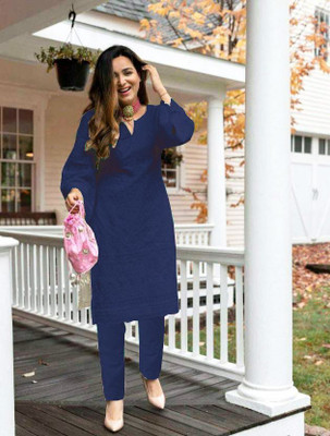 ZAZADIYA IMPEX Women Chikan Embroidery Straight Kurta(Blue)