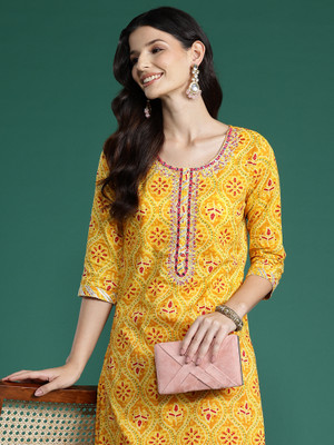 Indo Era Women Printed Straight Kurta(Yellow)