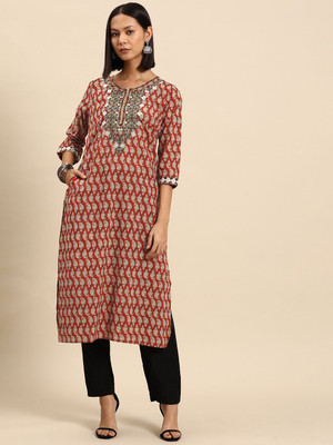 all about you Women Printed Straight Kurta(Maroon)