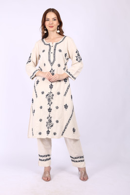 Rumi Chikan Women Chikan Embroidery A-line Kurta(Beige, Yellow)