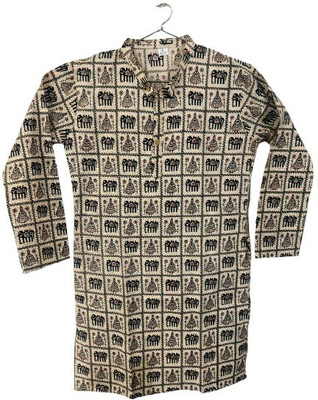 PoojaPrints Men Block Print Straight Kurta(Beige)