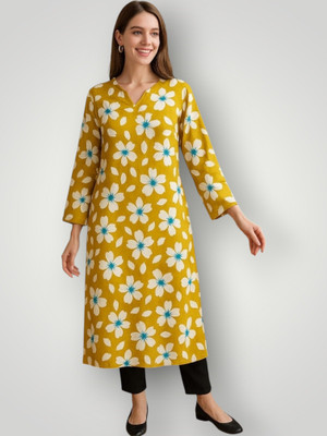 HindustaniLihaj Women Printed Straight Kurta(Yellow)