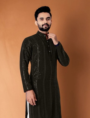 TRANDTIDE Men Embroidered Straight Kurta(Brown)