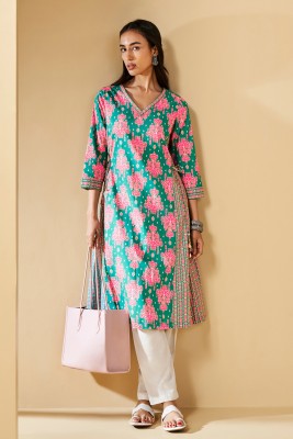 NAINVISH Women Floral Print A-line Kurta(Green, Pink)