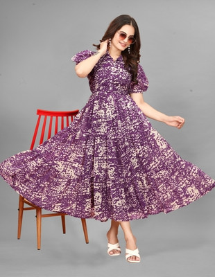 Parth Creation Women Printed Flared Kurta(Purple)