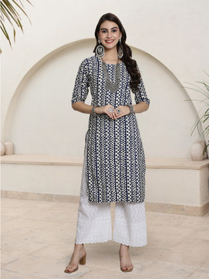 EthnicBasket Women Printed A-line Kurta(Black, White)