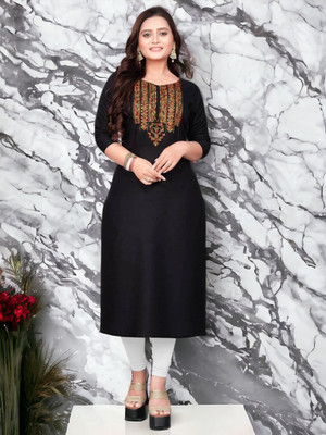 Raghav Silk Studio Women Embroidered Straight Kurta(Black)
