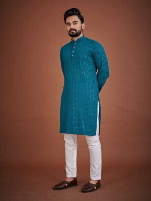 DIAMOND CLUSTER Men Embroidered Straight Kurta(Blue)