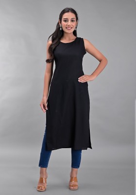 Clothy N Wave Women Solid Straight Kurta(Black)